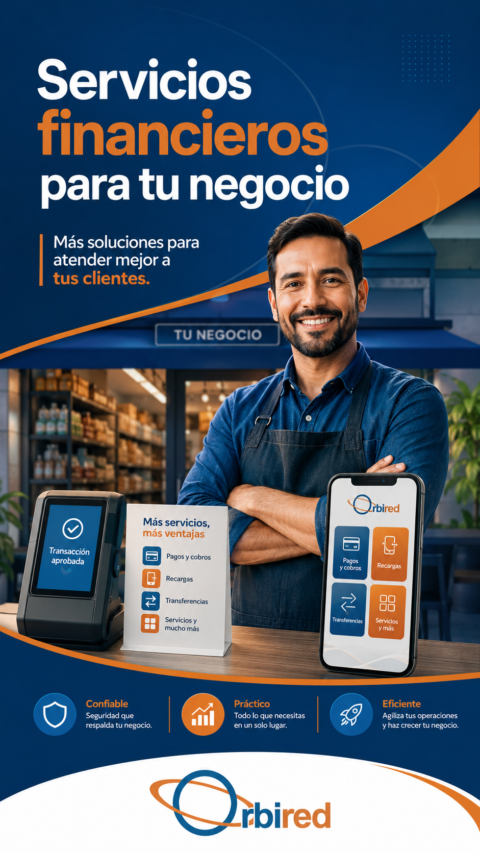 Estado WhatsApp de Orbired sobre servicios financieros para tu negocio.