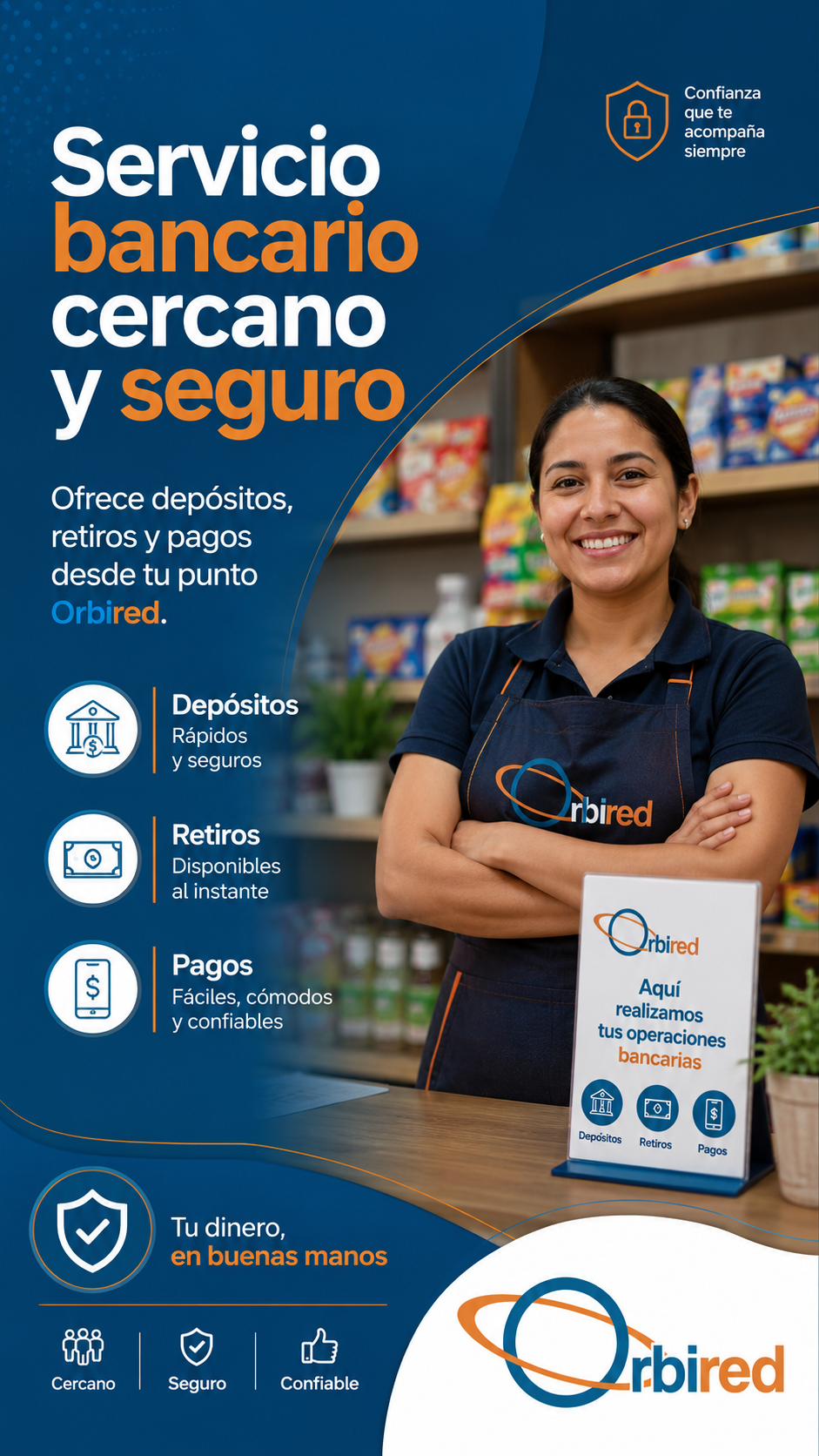 Estado WhatsApp de Orbired sobre servicio bancario cercano y seguro.