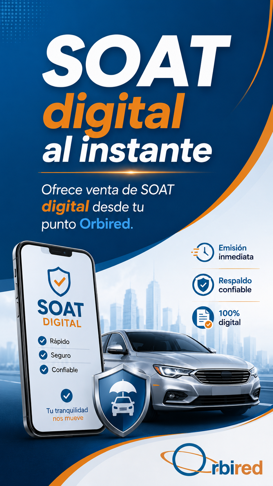 Estado WhatsApp de Orbired sobre SOAT digital al instante.