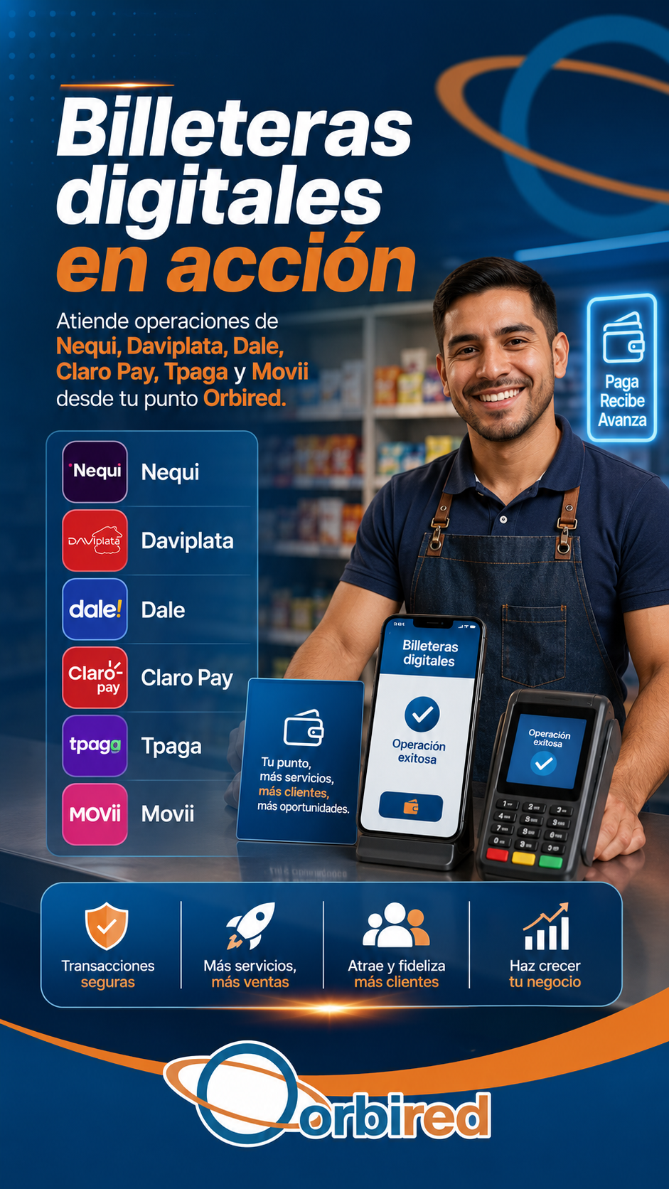 Estado WhatsApp de Orbired sobre billeteras digitales en acción.