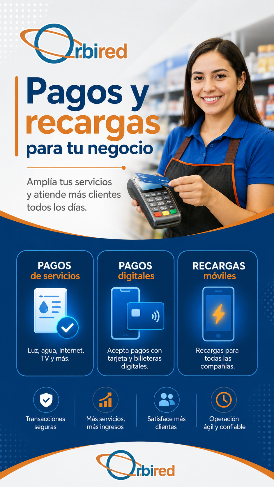 Estado WhatsApp de Orbired sobre pagos y recargas para tu negocio.